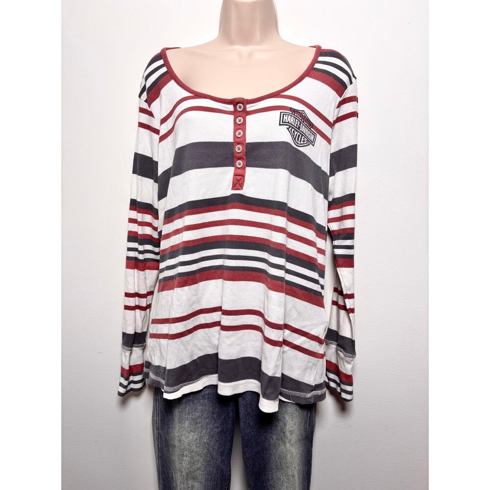 Harley Davidson Striped Long Sleeve Henley Top Orange Grey White Biker Y2K